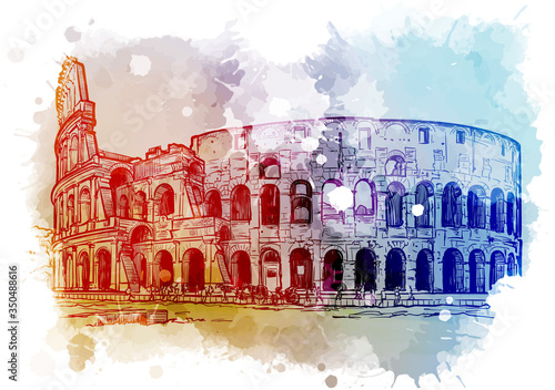 Coliseum in Rome, Italy. Vintage design. Linear sketch on a watercolor textured background. EPS10 vector illustration
