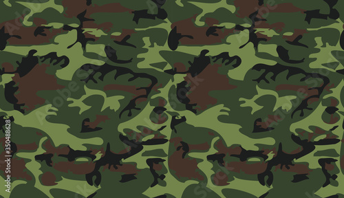 Camouflage pattern background vector. Classic clothing style masking camo repeat print. Virtual background for online conferences, online transmissions. Green brown black olive colors forest texture