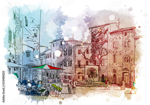 Street panorama in San Gimignano, Italy. Vintage design. Linear sketch on a watercolor textured background. EPS10 vector illustration