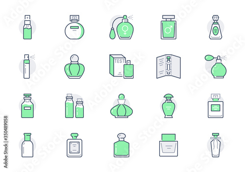 Perfume bottles line icons. Vector illustration included icon as glass sprayer, luxury parfum sampler, essential oil, cologne outline pictogram for cosmetic store. Green color, Editable Stroke