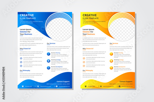 Set of Liquid poster design template in single gradient. Cover design with orange and blue fluid color shapes composition. Futuristic design for brochure use white background. Circle space for photo