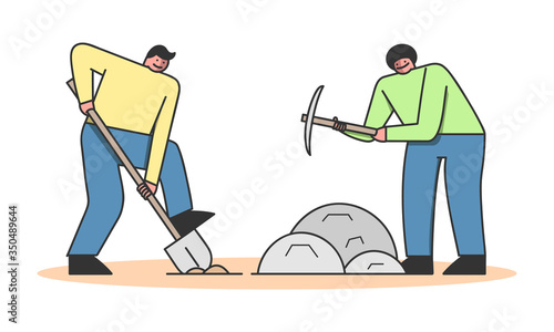 Concept Of Archeology Excavation. Archaeologists Men With Tools Making Excavation Of Ancient Remains Among Stones. People Exploring Ancient Culture. Cartoon Linear Outline Flat Vector Illustration