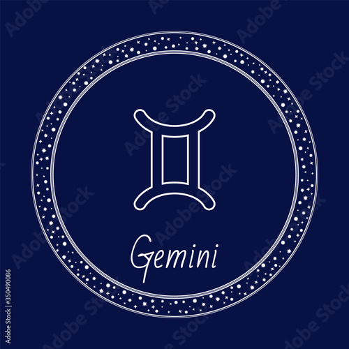 Gemini astrology zodiac sign isolated on blue in circle with stars. Vector illustration of constellation of Gemini, sun transits this sign between about May 21 and June 21. Twins symbol outline icon