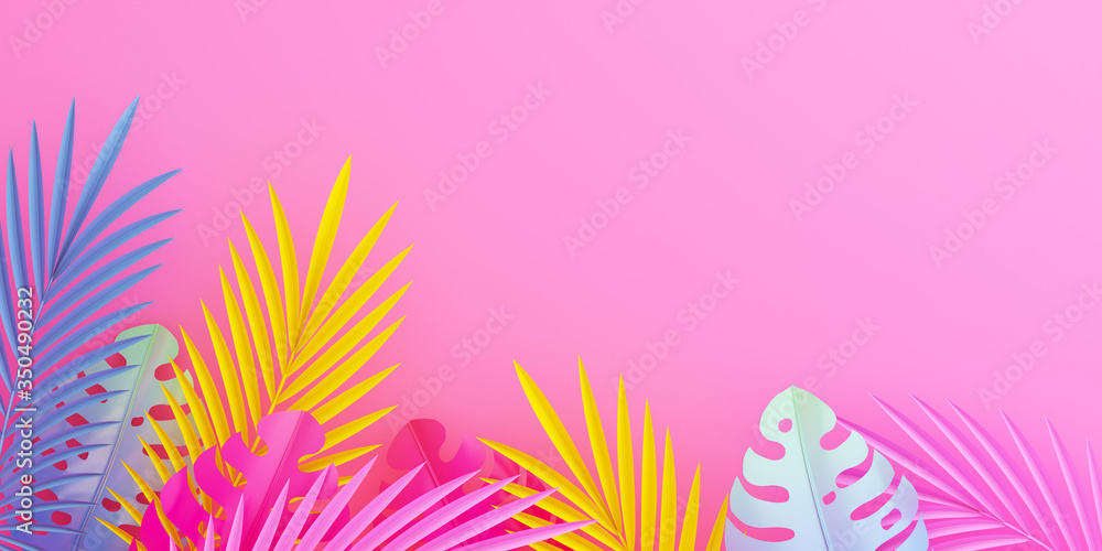 Fototapeta premium Tropical pink blue yellow pastel palm and monstera leaves banners, template, layout, flyer, leaflet, invitation card design, summer background, copy space text area, 3D rendering illustration.