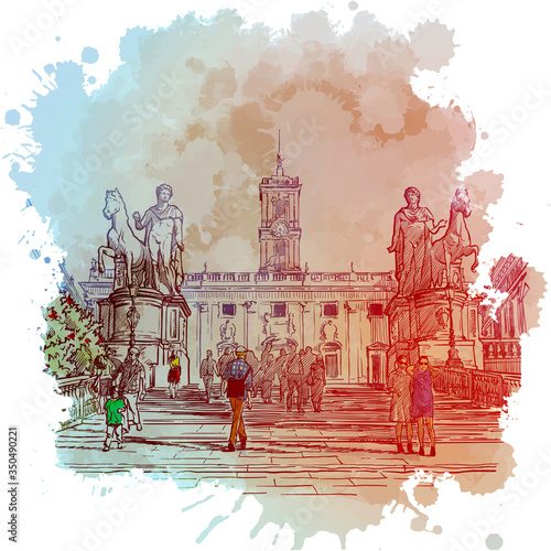Cordonata - a stairway to the Capitol hill in Rome, Italy. Vintage design. Linear sketch on a watercolor textured background. EPS10 vector illustration