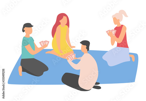 Man and woman characters sitting on mat and playing, friends holding cards, male and female in casual clothes, gambling and leisure, group of people vector