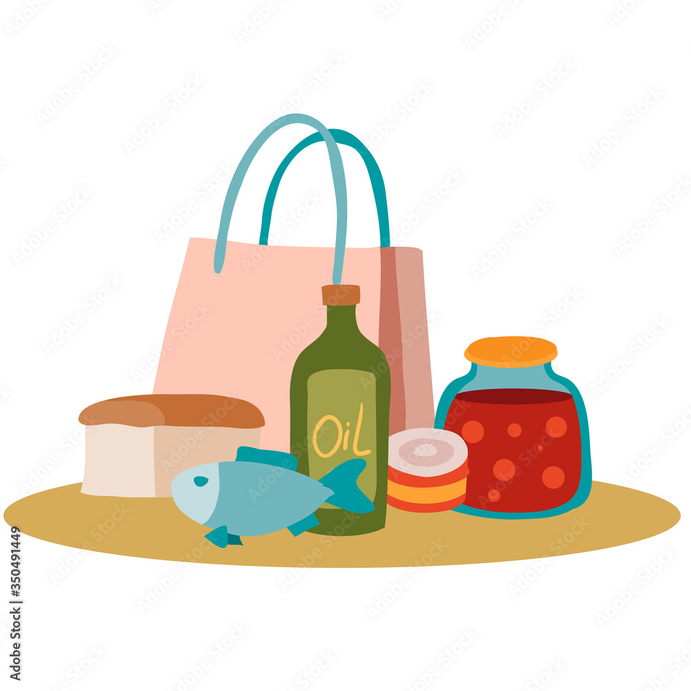 food set bread, butter, fish, shopping bag, isolated object on a white background, vector illustration, food set bread, butter, fish, shopping bag, isolated object on a white background, vector illustration,