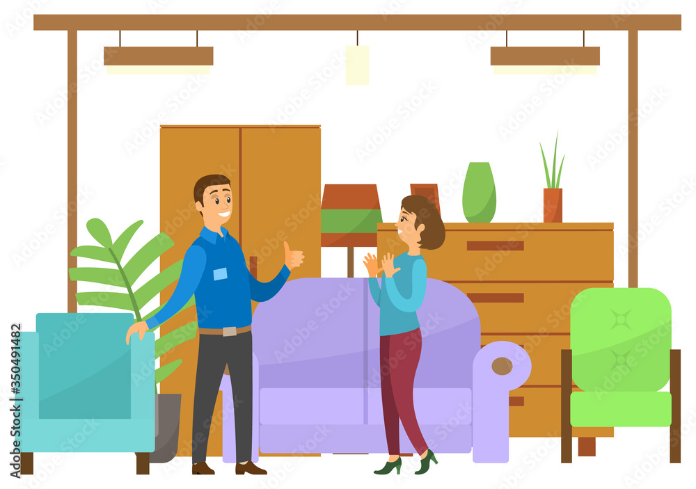 Woman in furniture store looking. Shop assistant help her. Wardrobe and closet, sofa and armchairs, plants and light vector illustration flat style Woman in furniture store looking. Shop assistant help her. Wardrobe and closet, sofa and armchairs, plants and light vector illustration flat style