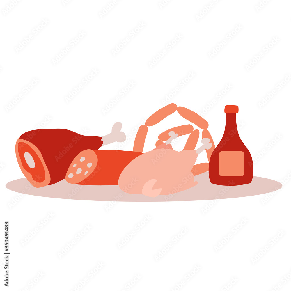set of meat products sausage sausage meat, isolated object on a white background, vector illustration, set of meat products sausage sausage meat, isolated object on a white background, vector illustration,