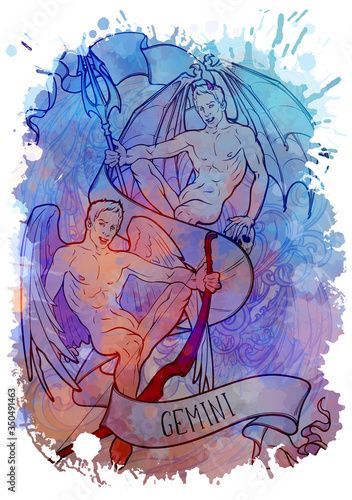 Zodiac sign of Gemini, element of Air. Intricate linear drawing on watercolor textured background. Soft pastel celestial palette. A4 vertical format. EPS10 vector illustration.