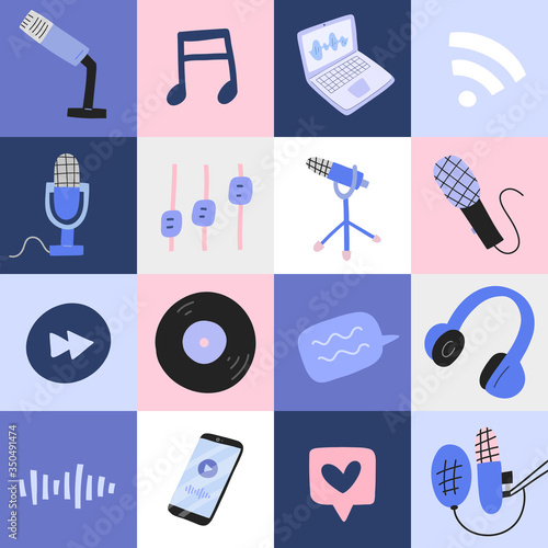 Podcast pop art poster with illustrations of professional microphones, headphones, notebook and abstract doodle illustration, good as print poster or banner, colorful composition