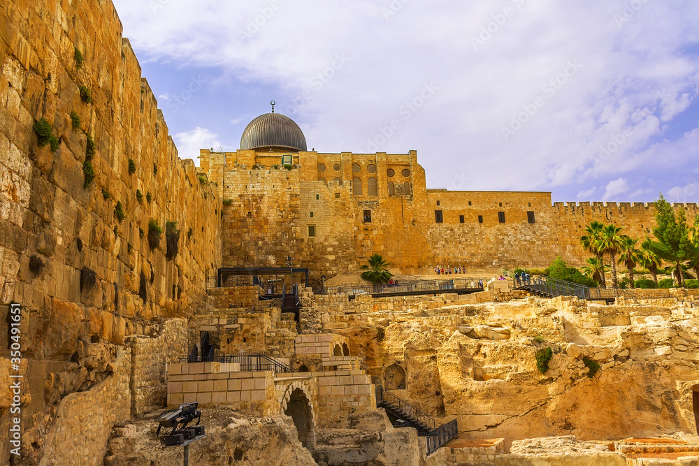Ancient Jerusalem with archaeological excavations of ancient structures