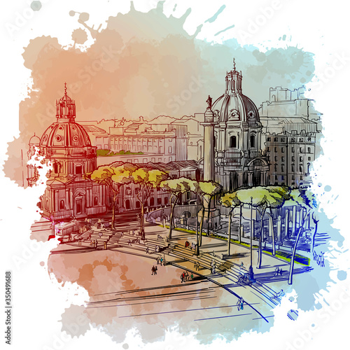 Trajan's Forum, Rome, Italy. Vintage design. Linear sketch on a watercolor textured background. EPS10 vector illustration