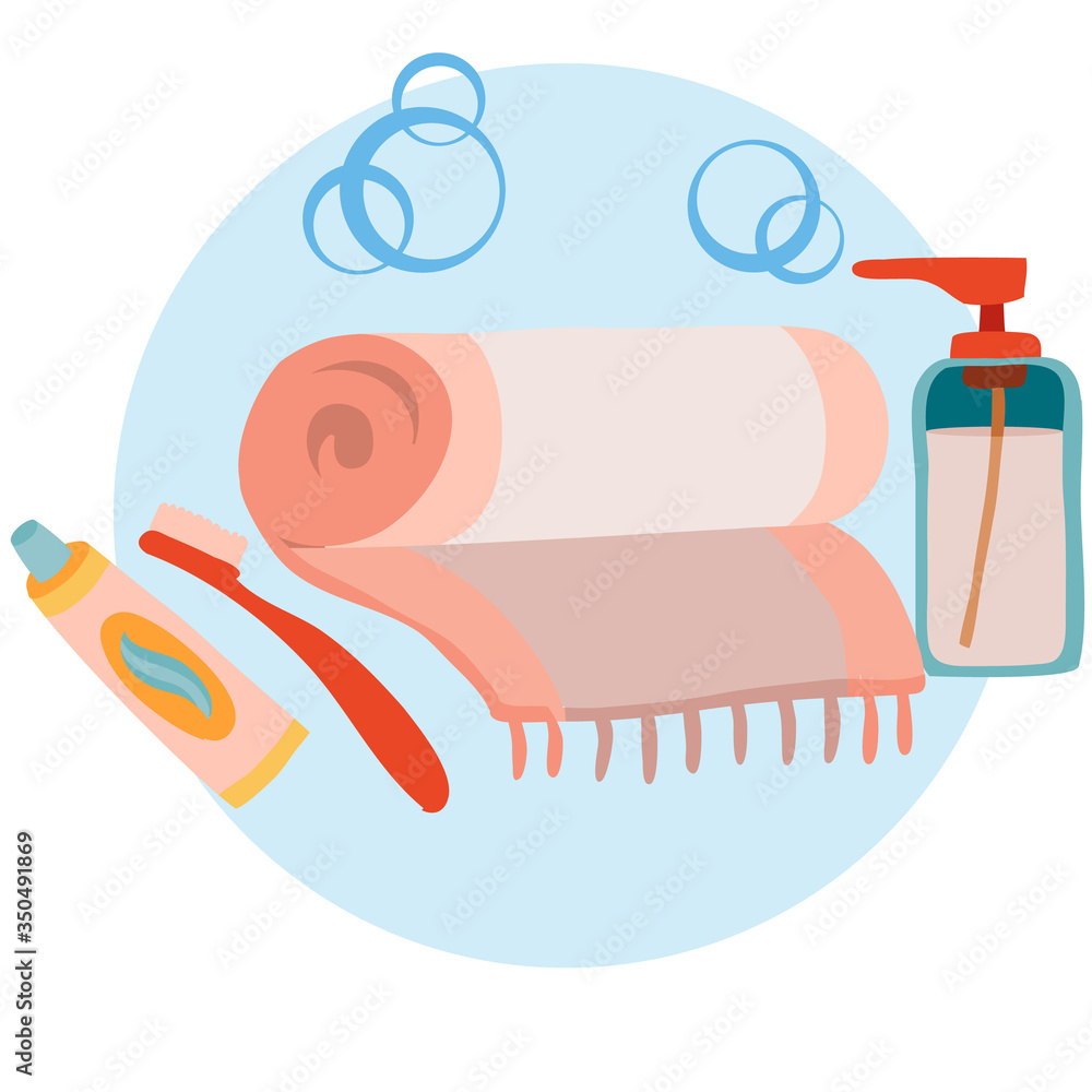 set of personal care soap, towels and toothpaste and brushes, isolated object on white background, vector illustration, set of personal care soap, towels and toothpaste and brushes, isolated object on white background, vector illustration,