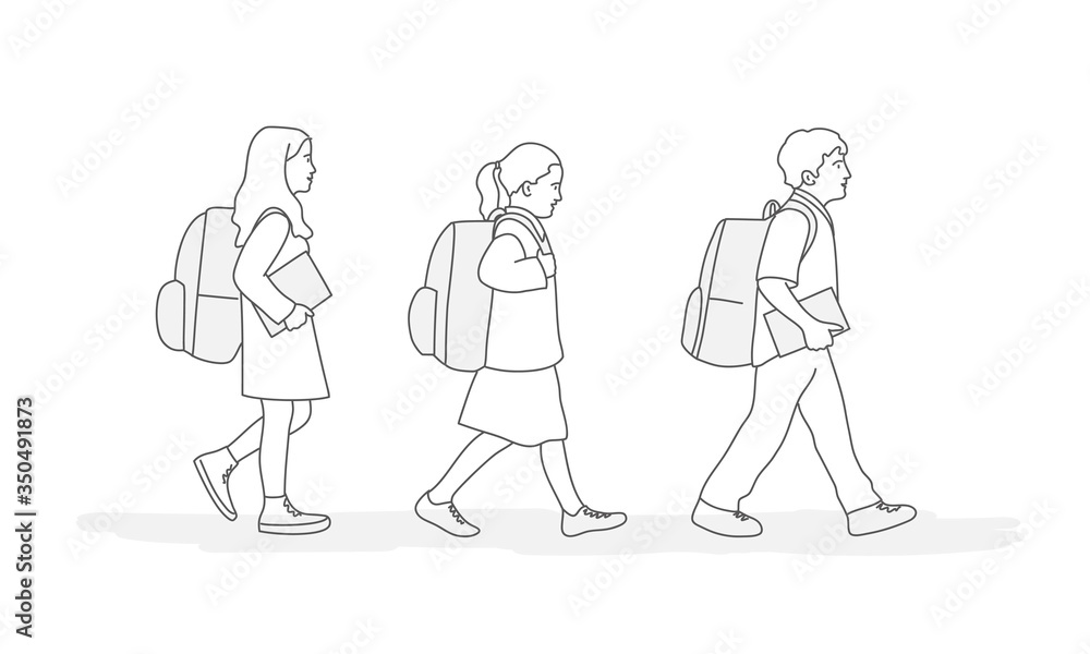 Pupils with Backpack Going to School. Line drawing vector illustration. Pupils with Backpack Going to School. Line drawing vector illustration.