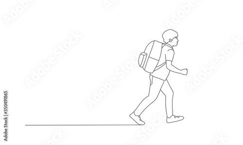 Boy with Backpack Goes to School. Line drawing vector illustration.