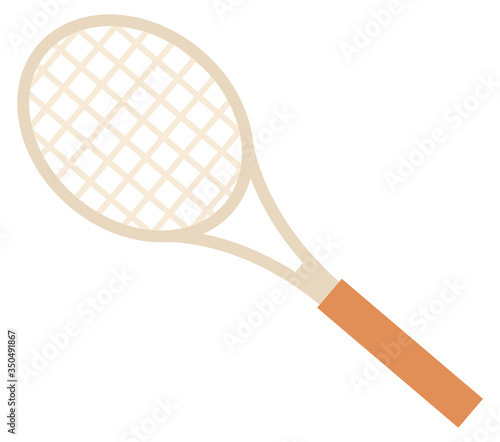 Light brown racket with wooden handle for tennis or badminton isolated on white background. Professional sport equipment concept vector illustration