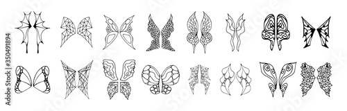 Set of vector fantasy transparent wings isolated on white background. Outline doodle style design. Hand drawn vector illustrations. Decoration for greeting cards, posters, patches, prints for clothes.