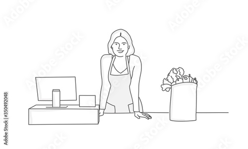 Woman cashier in supermarket. Cash register. Line drawing vector illustration.