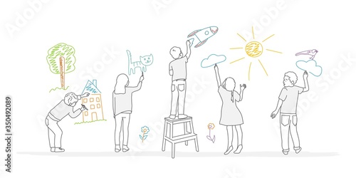 Kids paint drawings on the wall. Line drawing vector illustration.