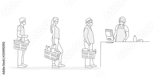 Supermarket store counter cashier and buyers in medical masks with basket of food. Line drawing vector illustration.