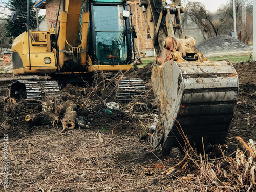 Excavator uprooting trees on land in countryside. Bulldozer clearing land from old trees, roots and branches with dirt and trash. Backhoe machinery. Yard work