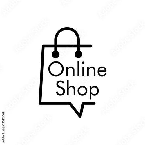 Símbolo de tienda en línea. Icono plano lineal con texto Online Shop en bolsa de la compra en color negro