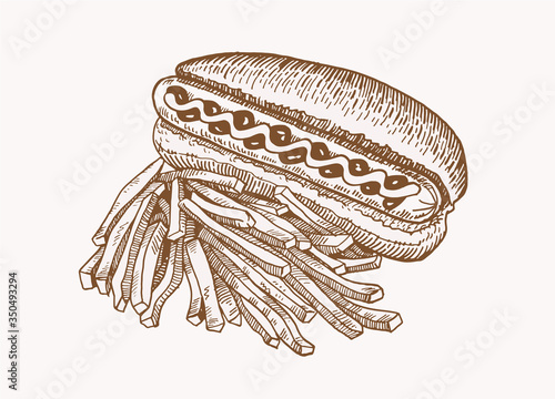 Vector sepia illustration of fast food , graphical french fries and hot dog