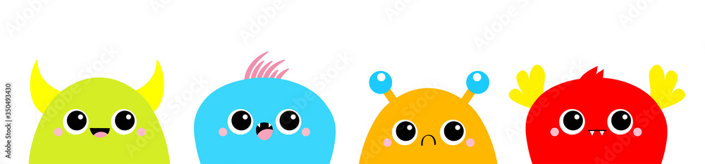 Obraz premium Monster head face line. Happy Halloween. Baby icon set. Cute cartoon kawaii scary funny colorful character. Eyes, tooth fang, tongue, hands up. White background. Isolated. Flat design.