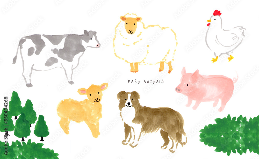 牧場の動物の手描きイラスト 牛 豚 ニワトリ 羊 牧羊犬 牧場 イラスト 手書き ほのぼの ほっこり のんびり かわいい ほんわか Stock Illustration Adobe Stock