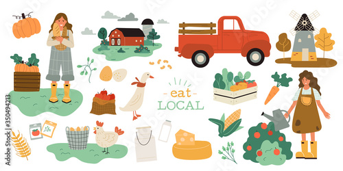 Farm and agriculture. Vector cute illustrations of village life and objects for a poster, banner or postcard, freehand drawings of people, animals, vegetable and house