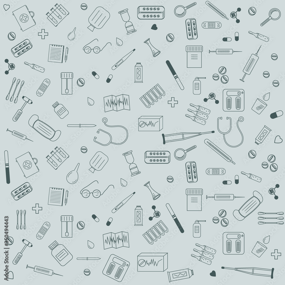 pattern on the subject of medicine, dark gray outline, light gray background, vector illustration, design, decoration, banner pattern on the subject of medicine, dark gray outline, light gray background, vector illustration, design, decoration, banner