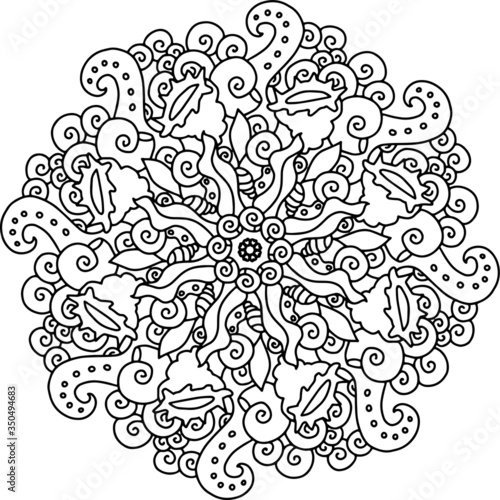 Mandala round gorgeous swirling curl ethnic pattern coloring page book black and white art therapy relax psychology