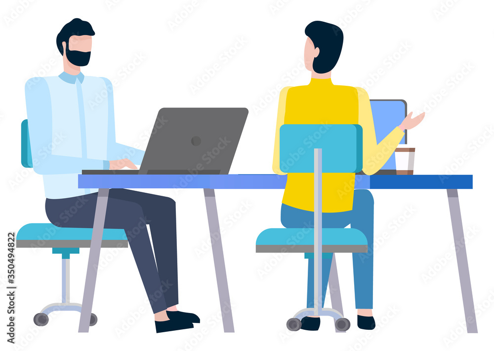 Man agents or consultants at workplace, executive workers. Brokers collaboration, worker sitting at desk on chair and working at computers isolated people Man agents or consultants at workplace, executive workers. Brokers collaboration, worker sitting at desk on chair and working at computers isolated people
