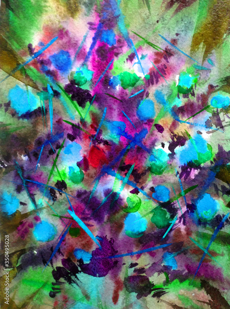 Naklejka premium Watercolor colorful bright textured abstract background handmade . Painting of Christmas tree , made in the technique of watercolors from nature