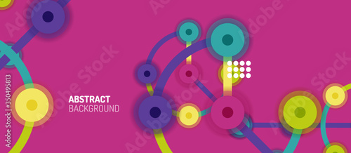 Flat style geometric abstract background, round dots or circle connections on color background. Technology network concept.