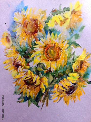 Abstract bright colored decorative background . Floral pattern handmade . Beautiful tender romantic bouquet of summer  sunflowers , made in the technique of watercolors from nature. photo