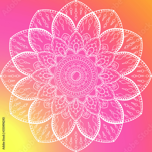 Boho white mandala on orange magenta vibrant gradient background..Use as decoration for.advertisement, book covers, business logo, doily surface, yoga classes and posters design