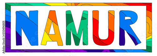 Namur. Multicolored bright funny cartoon colorful isolated inscription in frame. Namur - city in Belgium. For poster, booklet, flyer, souvenir, prints on clothing, t-shirts, bags. Stock vector image.