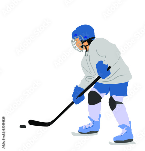 Hockey player with stick and a washer vector illustration isolated on white background. Shoots the puck and attacks on goal. Skating on ice. 