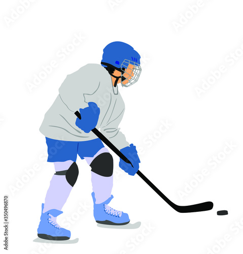 Hockey player with stick and a washer vector illustration isolated on white background. Shoots the puck and attacks on goal. Skating on ice. 