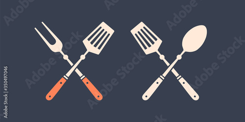 Set of grill tools. Silhouette two bbq tools, grill fork, spatula. Logo template for meat business - farmer shop, market or design - label, banner, sticker - for grill, bbq. Vector Illustration