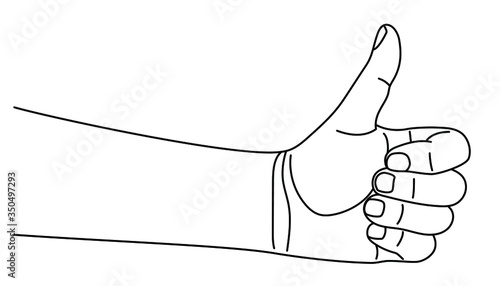 Hand position with gesture of pointing thumb up. Success concept in sign language. Vector illustration in outline style isolated on white background.
