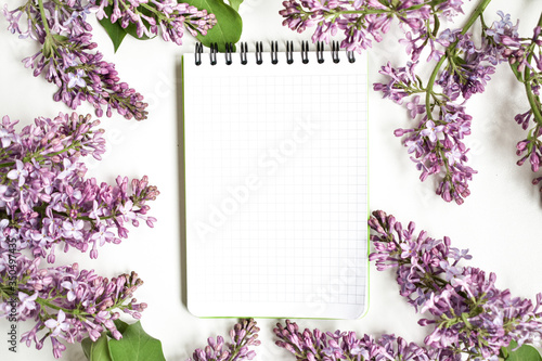 Spring lilac flowers bloom on a branch on a white background. White Notepad with flowers. Frame of flowers.