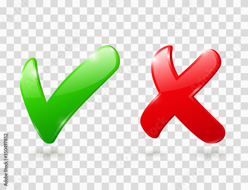 Cross and check mark icons. Green and red 3d ticks for right and wrong choice. Yes and No buttons. Vector glossy symbols of correct choose and cancel, accept and reject. Positive and negative signs