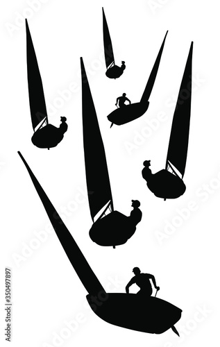 Dynamic team struggle sailing by ship in regatta competition silhouette. Summer time water leisure. Sport boat activity,  outdoor recreation. Extreme windsurfing vector illustration. Wind surfing.