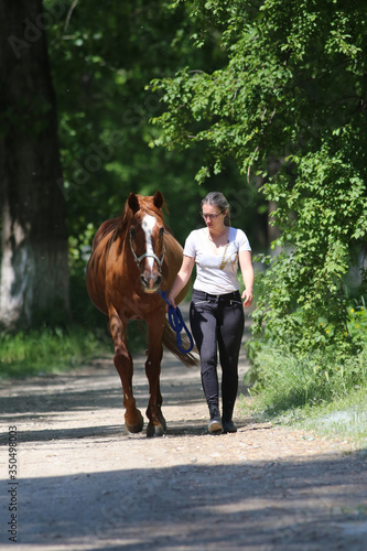 Girl walks with a horse through the wood