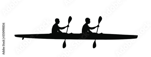 Teamwork of two kayakers paddling double kayak in competition race vector silhouette isolated. Sport man crew in kayak boat racing. Weekend team building on river. Sport canoe duo rowing in sprint. 