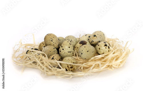 Many spotted quail eggs in the straw nest. Isolated on white background. Side view