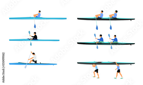 Teamwork of two kayakers paddling double kayak in competition race vector illustration isolated. Sport man crew in kayak boat racing. Weekend team building on river. Sport canoe duo rowing in sprint. 